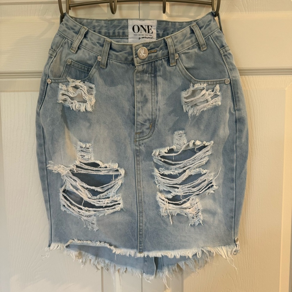 Aritzia One Teaspoon Fringe Denim Skirt